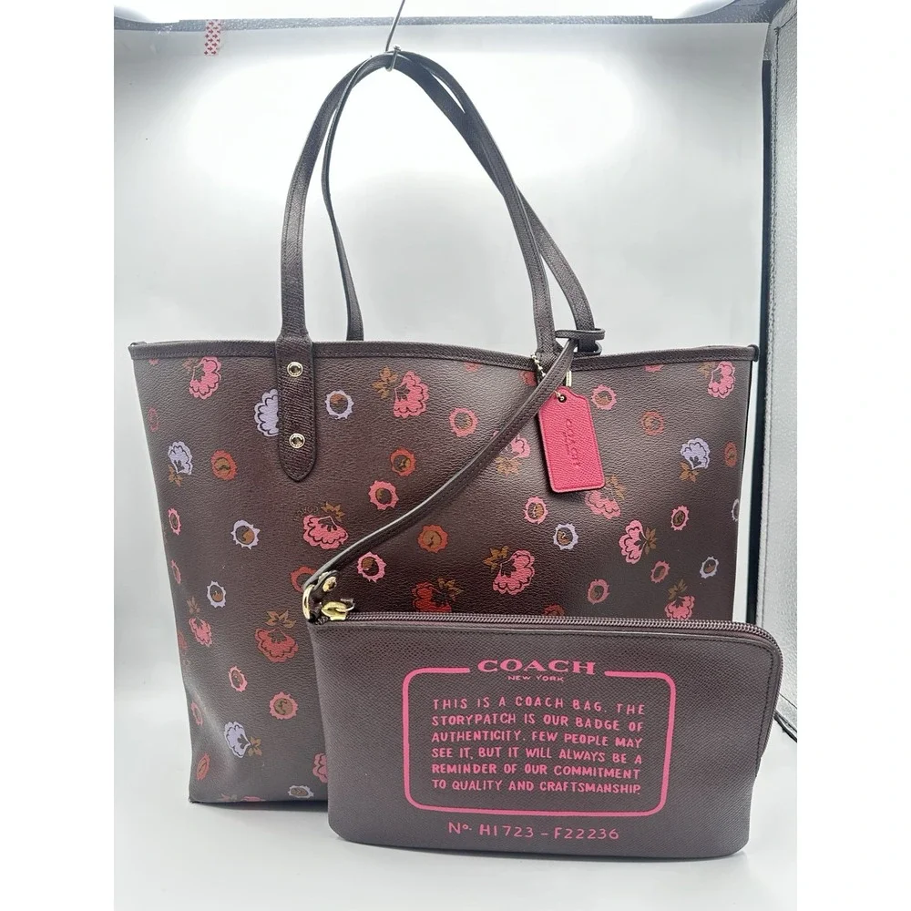 COACH Floral Print Tote Bag Brown Pink Lavender Shoulder Bag w/ Matching Pouch